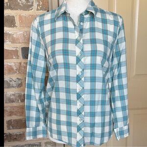 3/$20 Talbots Petites Teal & White Plaid Button Up Shirt Preppy Classic Cowgirl